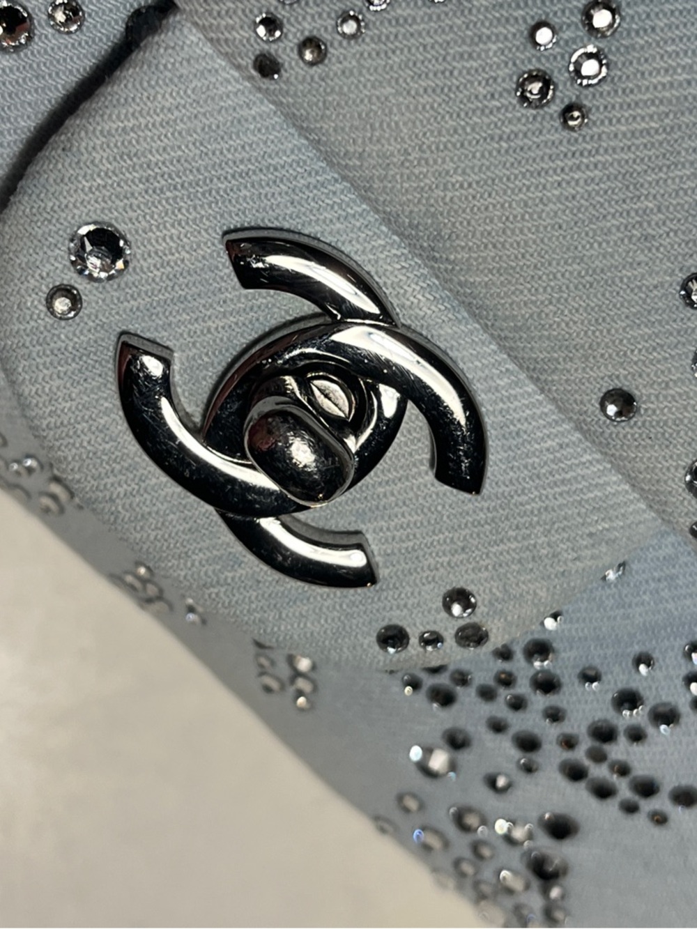 CHANEL Light Blue Quilted Crystal-Studded Shoulder Bag - Picture 8 of 16